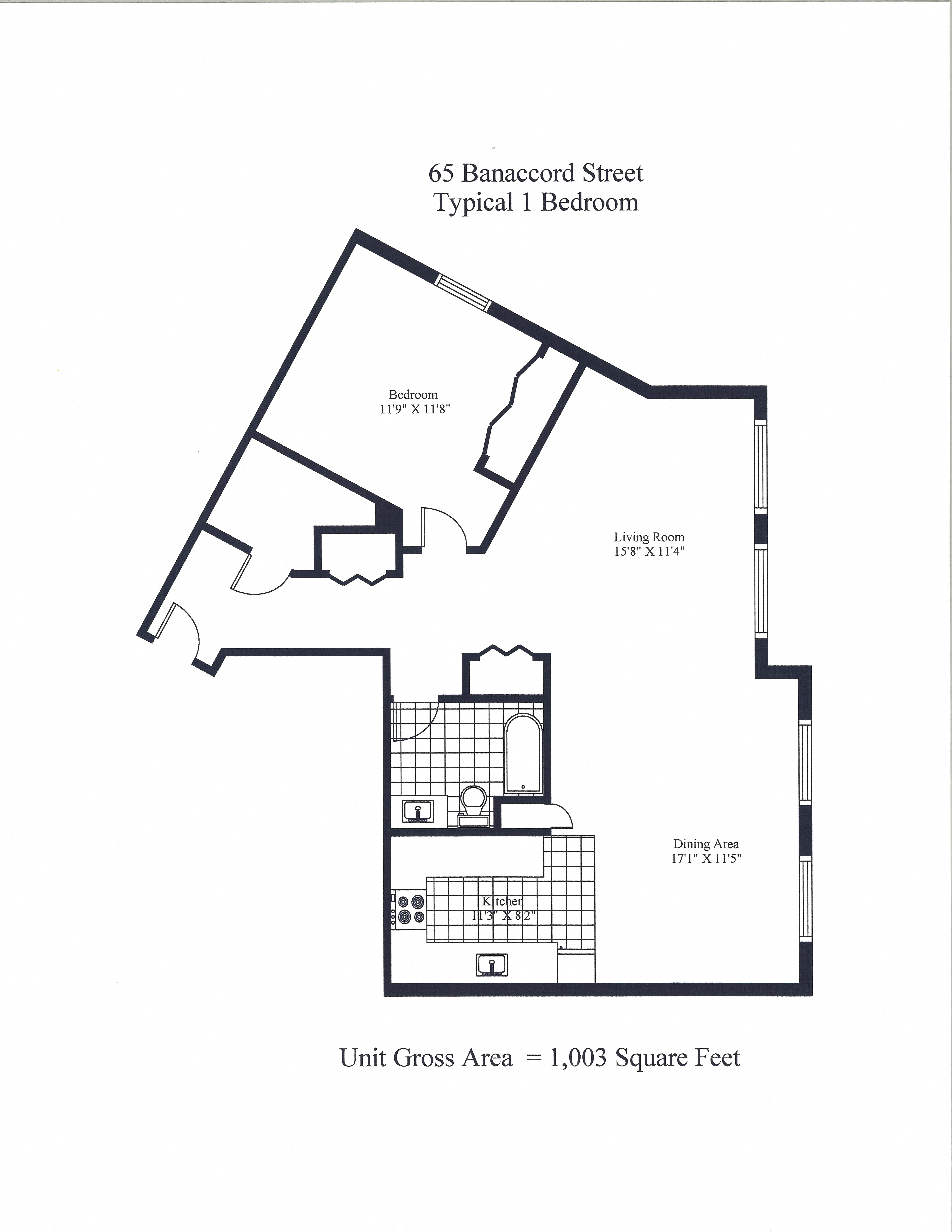 Floor plan for 1 bed, 1 bath, 885 sqft