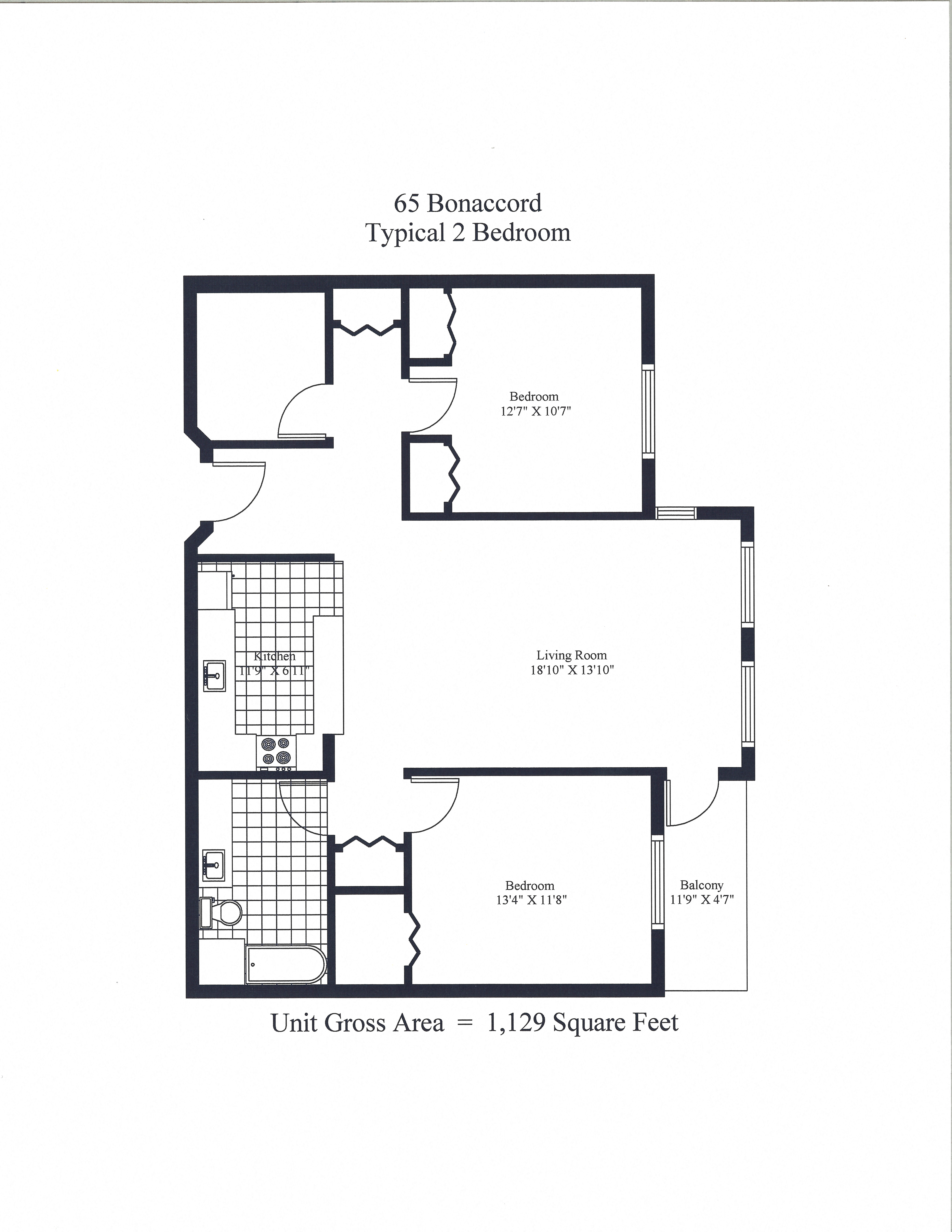 Floor plan for 2 beds, 1 bath, 1129 sqft