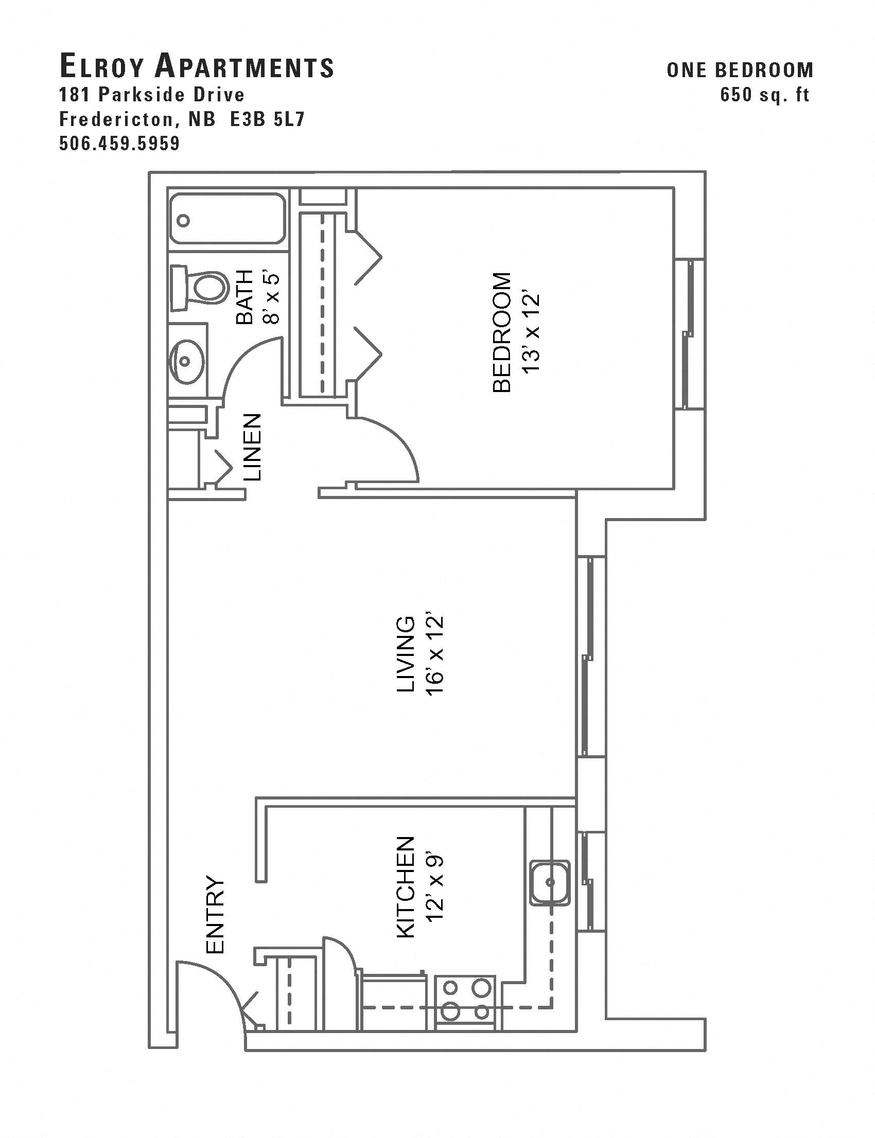 Floor plan for 1 bed, 1 bath, 650 sqft