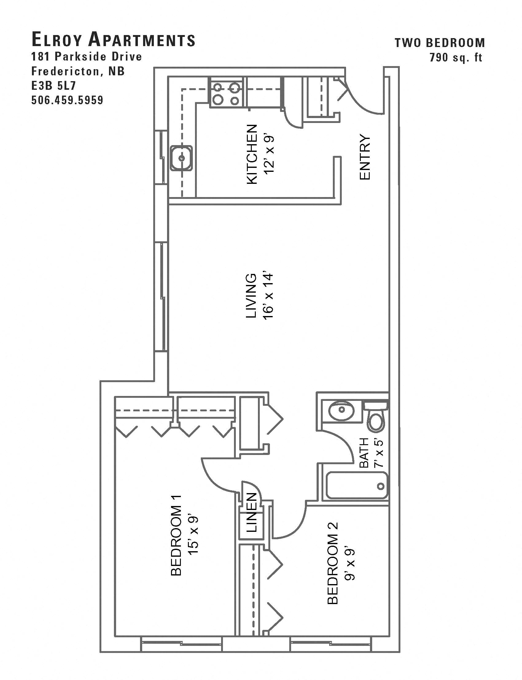 Floor plan for 2 beds, 1 bath, 790 sqft