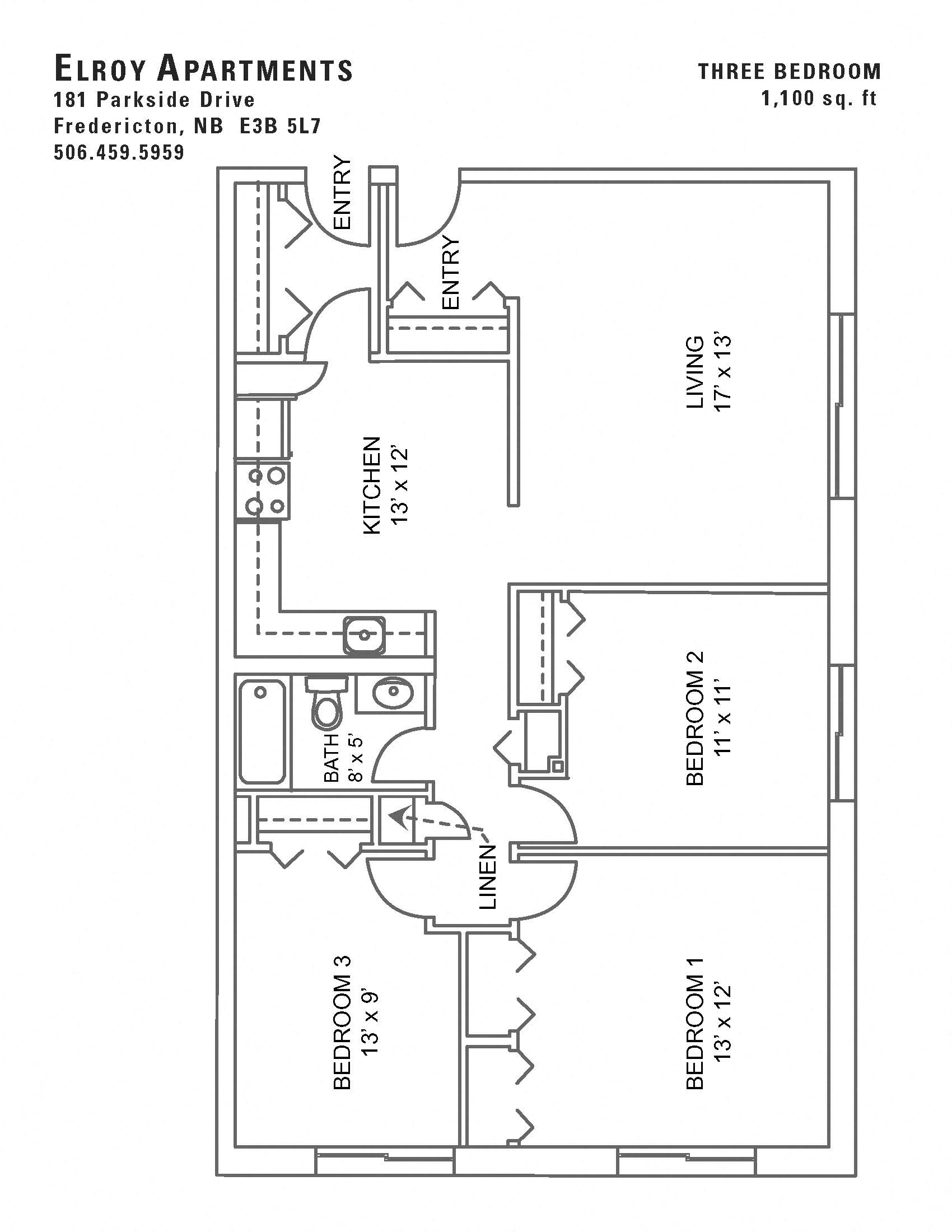 Floor plan for 3 beds, 1 bath, 1100 sqft