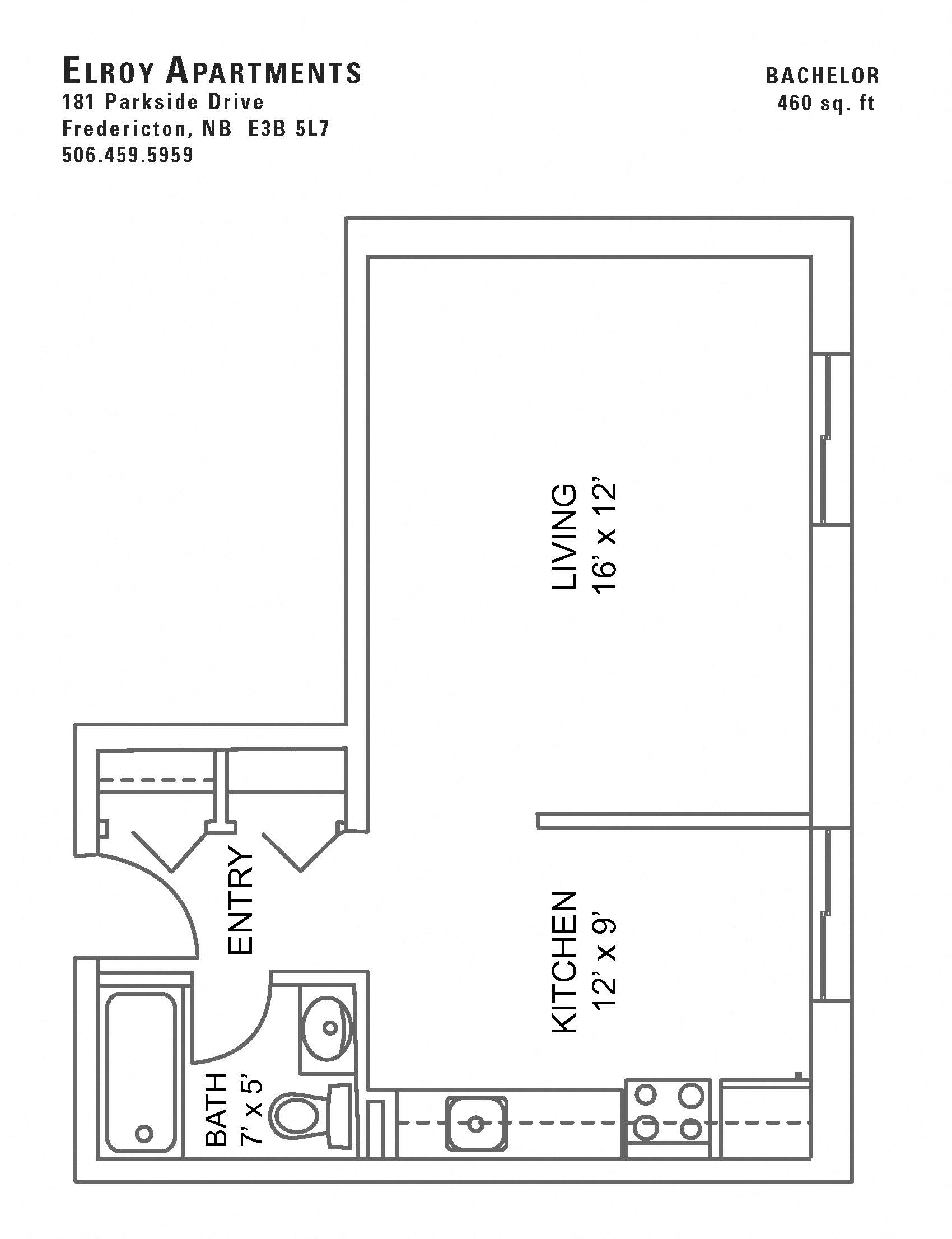 Floor plan for studio, 1 bath, 460 sqft