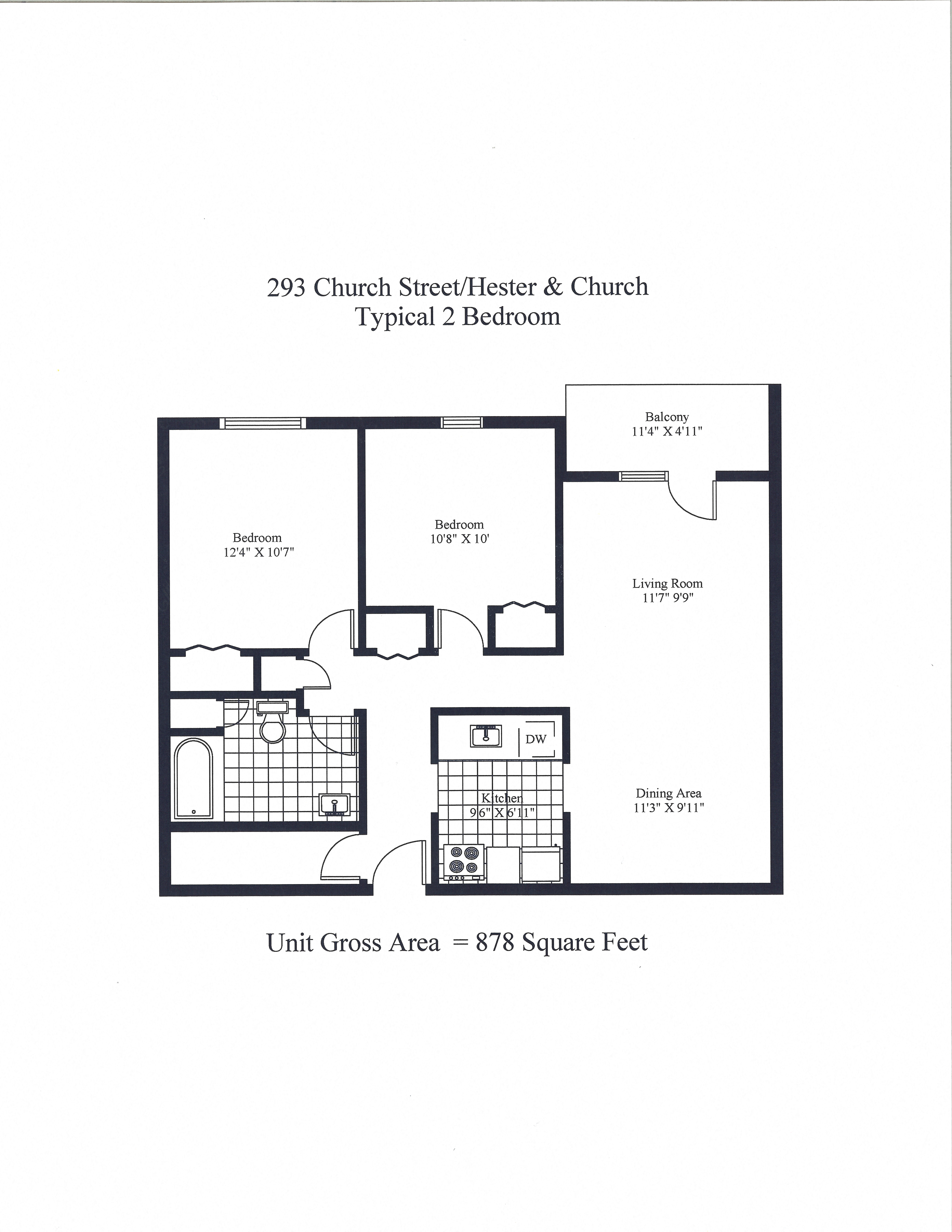 Floor plan for 2 beds, 1 bath, 878 sqft