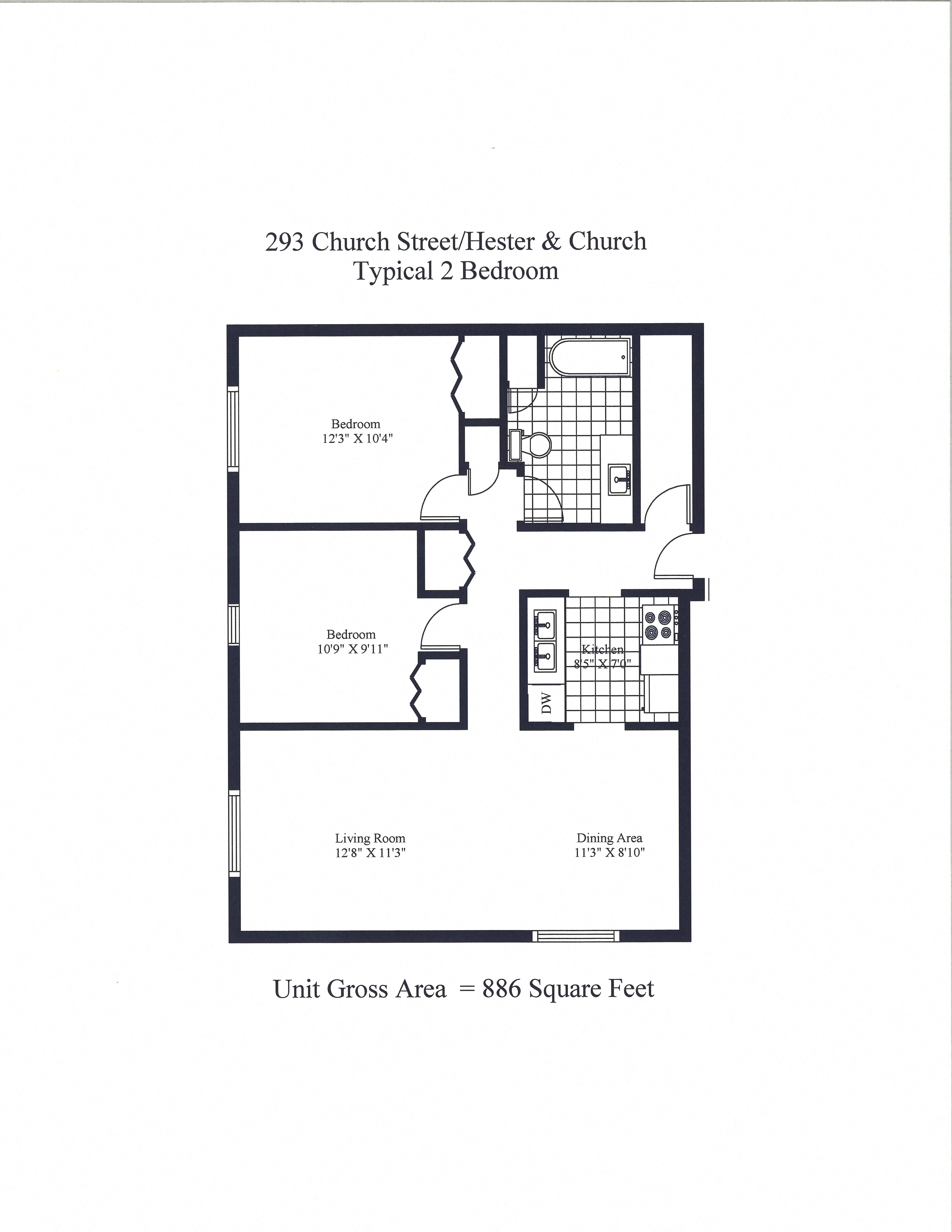 Floor plan for 2 beds, 1 bath, 886 sqft