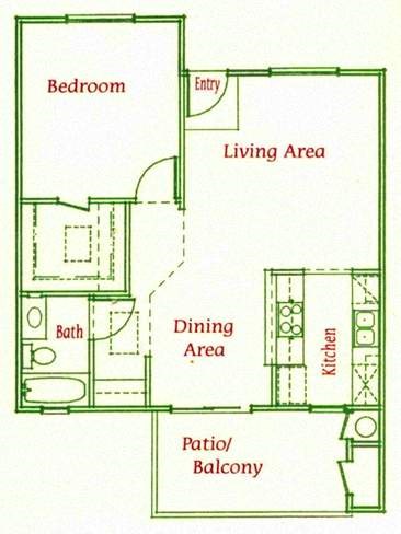 Floor plan for 1 bed, 1 bath, 725 sqft