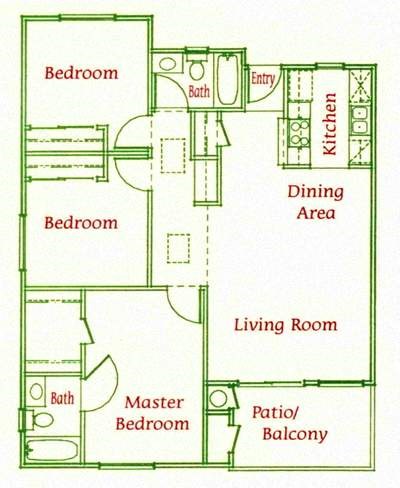 Floor plan for 3 beds, 2 baths, 1104 sqft