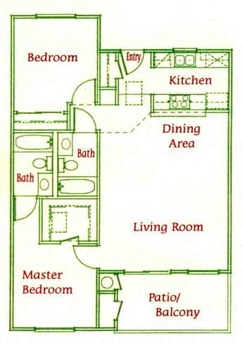 Floor plan for 2 beds, 2 baths, 952 sqft