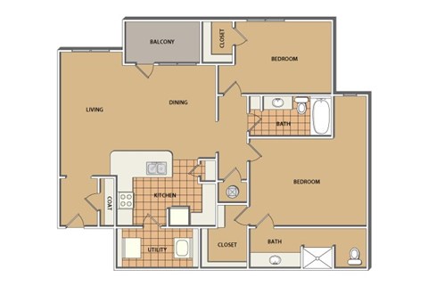Floor plan for 2 beds, 2 baths, 1283 sqft