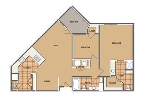 Floor plan for 2 beds, 2 baths, 1269 sqft