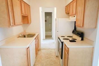 Wooden cabinets in kitchen area