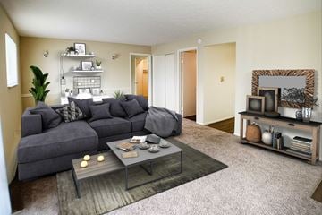Amelia apartment for rent - a living room with a gray couch and a coffee table