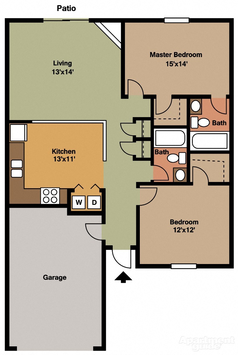 Floor plan for 2 beds, 2 baths, 998 sqft