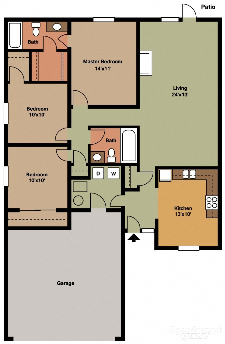 Floor plan for 3 beds, 2 baths, 1224 sqft