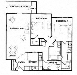Floor plan for 2 beds, 2 baths, 1240 sqft