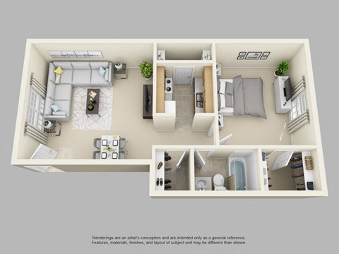 Floor plan for 1 bed, 1 bath, 720 sqft