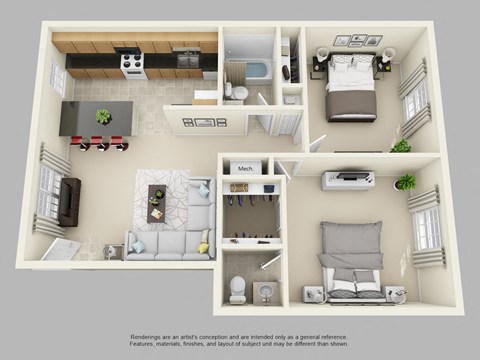 Floor plan for 2 beds, 1.5 baths, 936 sqft