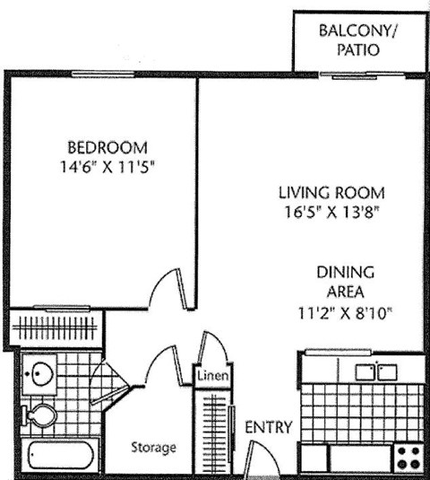Floor plan for 1 bed, 1 bath, 633 sqft