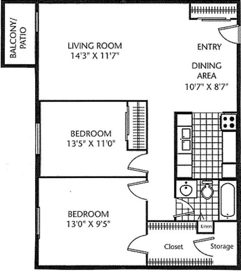 Floor plan for 2 beds, 1 bath, 833 sqft