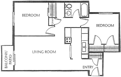 Floor plan for 2 beds, 1 bath, 733 sqft