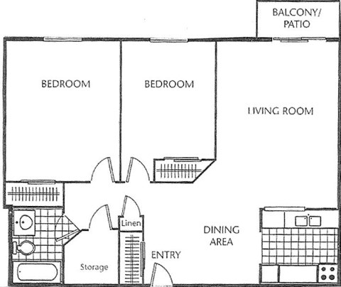 Floor plan for 2 beds, 1 bath, 833 sqft