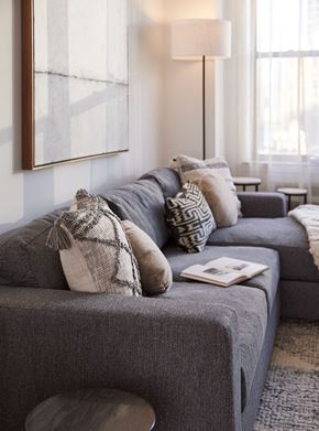Jersey City apartment for rent - a living room with a gray couch and pillows on it