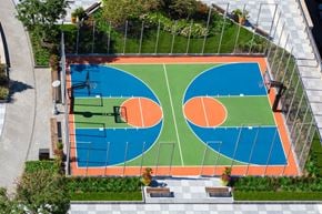 Jersey City apartment for rent - an aerial view of a basketball court in a park