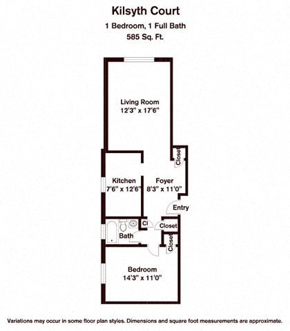 Floor plan for 1 bed, 1 bath, 830 sqft