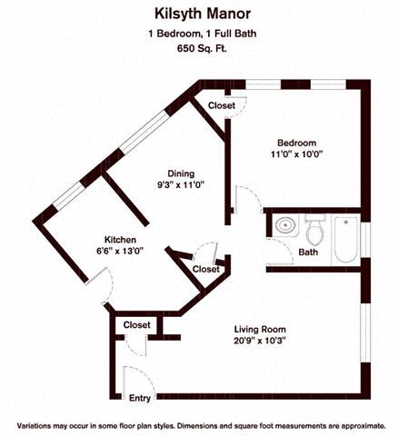 Floor plan for 1 bed, 1 bath, 650 sqft