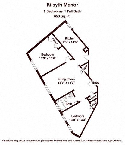 Floor plan for 2 beds, 1 bath, 965 sqft