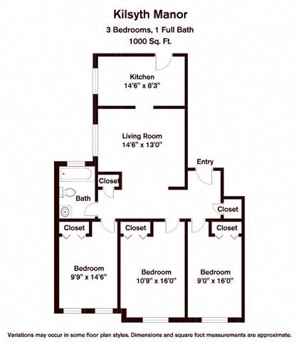 Floor plan for 3 beds, 1 bath, 1040 sqft