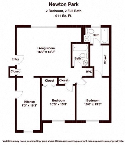 Floor plan for 2 beds, 2 baths, 911 sqft