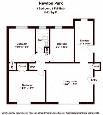 Floor plan for 3 beds, 1 bath, 1042 sqft