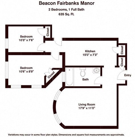 Floor plan for 2 beds, 1 bath, 860 sqft