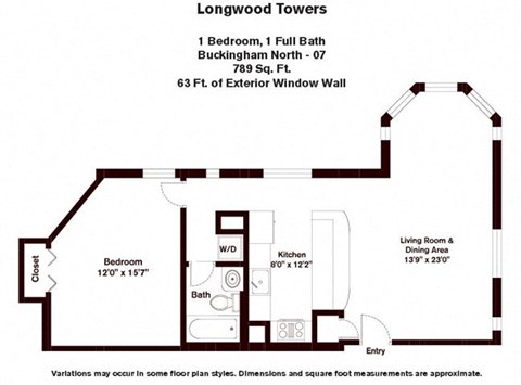 Floor plan for 1 bed, 1 bath, 789 sqft
