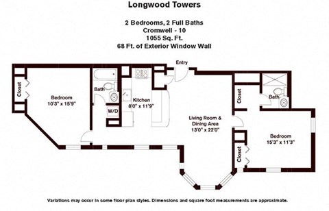 Floor plan for 2 beds, 2 baths, 1055 sqft