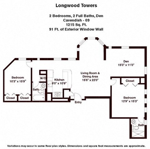 Floor plan for 2 beds, 2 baths, 1215 sqft
