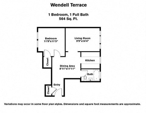 Floor plan for 1 bed, 1 bath, 765 sqft