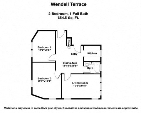 Floor plan for 2 beds, 1 bath, 805 sqft