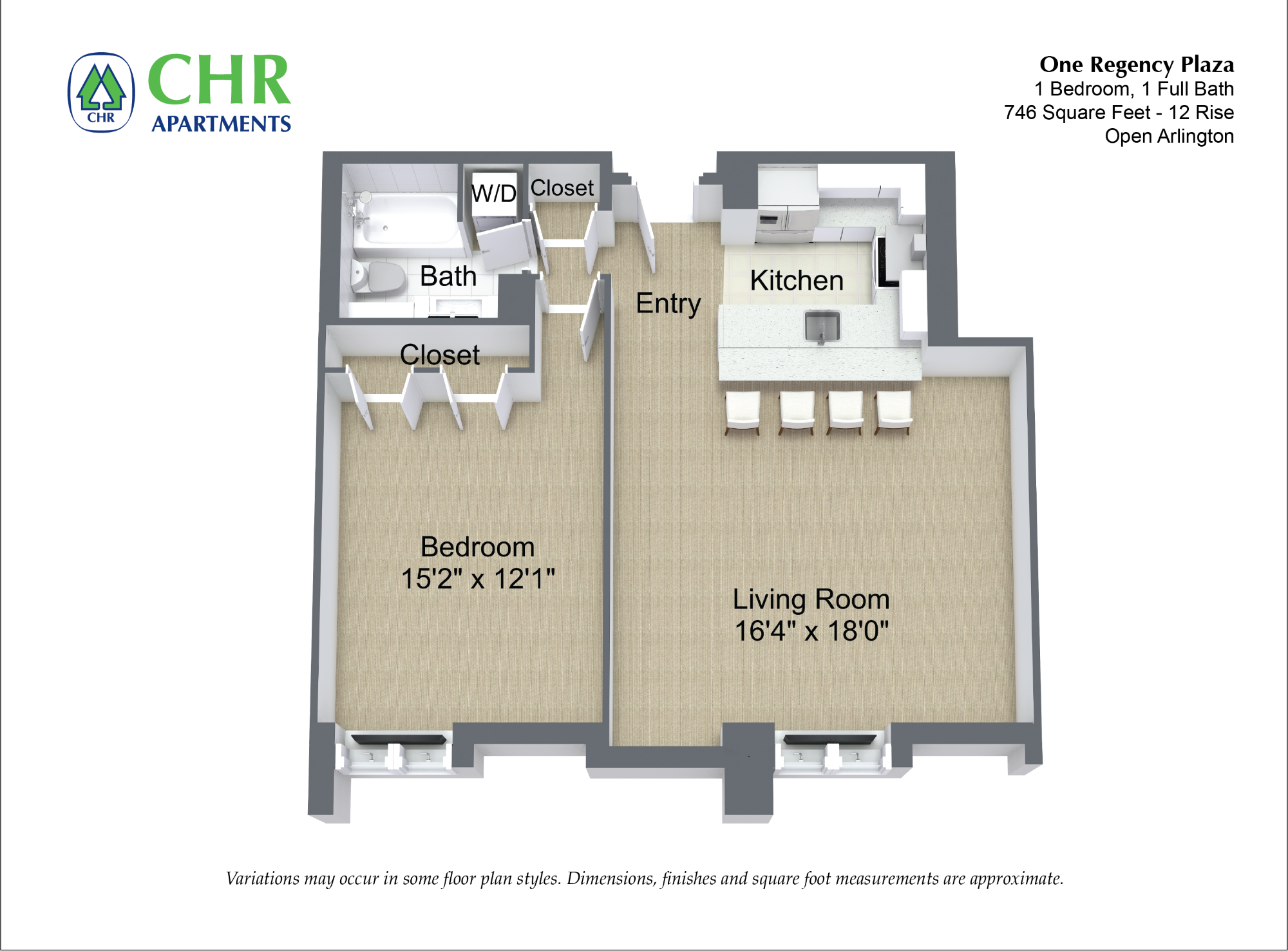 Floor plan for 1 bed, 1 bath, 746 sqft