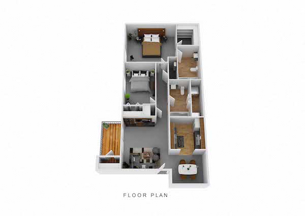 Floor plan for 2 beds, 2 baths, 1033 sqft