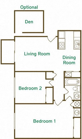 Floor plan for 2 beds, 1 bath, 850 sqft