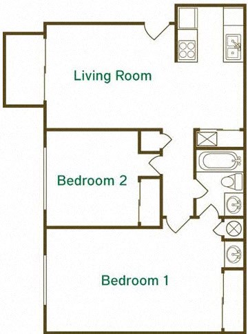 Floor plan for 2 beds, 1 bath, 800 sqft