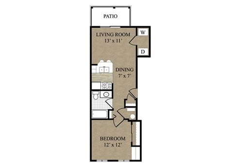 Floor plan for 1 bed, 1 bath, 613 sqft