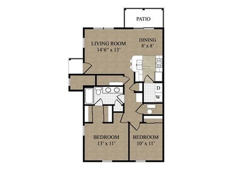 Floor plan for 2 beds, 1 bath, 949 sqft