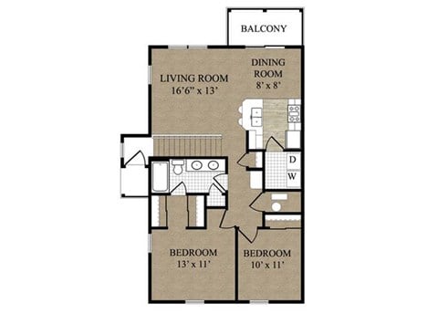 Floor plan for 2 beds, 1 bath, 982 sqft