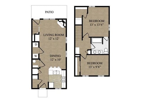 Floor plan for 2 beds, 1.5 baths, 1022 sqft