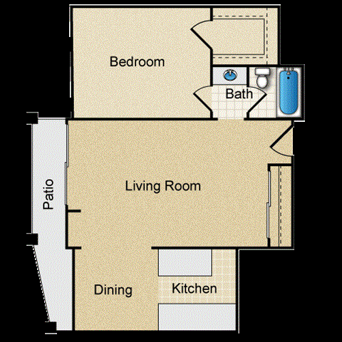 Floor plan for 1 bed, 1 bath, 640 sqft