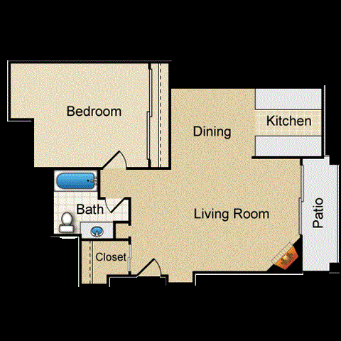 Floor plan for 1 bed, 1 bath, 770 sqft