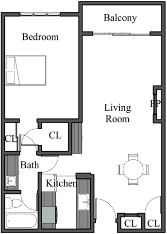 Floor plan for 1 bed, 1 bath, 710 sqft