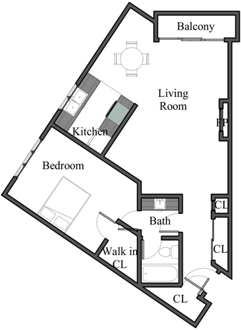 Floor plan for 1 bed, 1 bath, 740 sqft